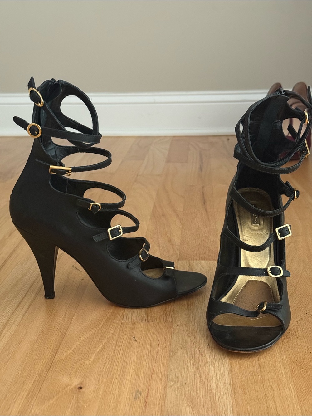 Report Signature Black Strappy High Heel Sandals with Gold Buckles